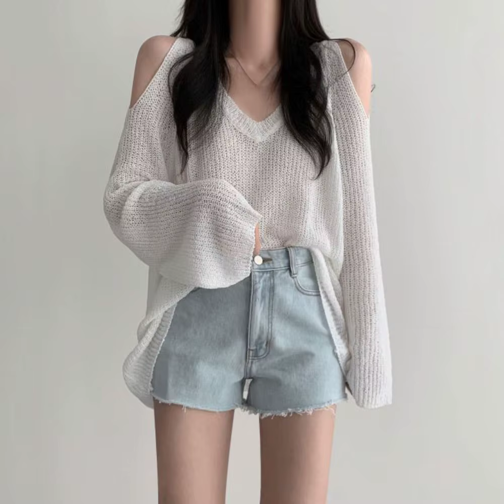 T-shirt long chic en maille ajourée à manches longues