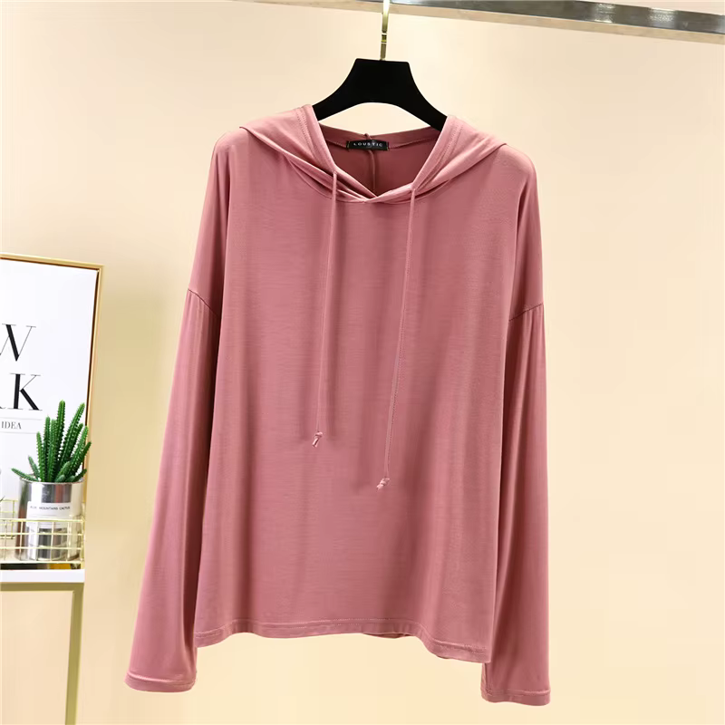 T-shirt à capuche en modal pour femme, haut décontracté printemps-automne, manches longues, coupe ample, doux, anti-UV, chemise de base, grande taille 2026