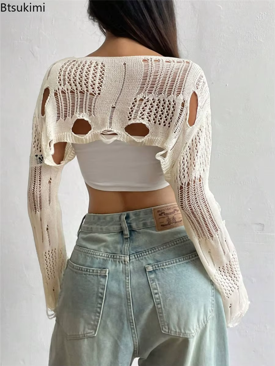 Femmes Sexy à manches longues voir à travers le crochet supérieur fleur trou creux tricoté Smock court pull femme