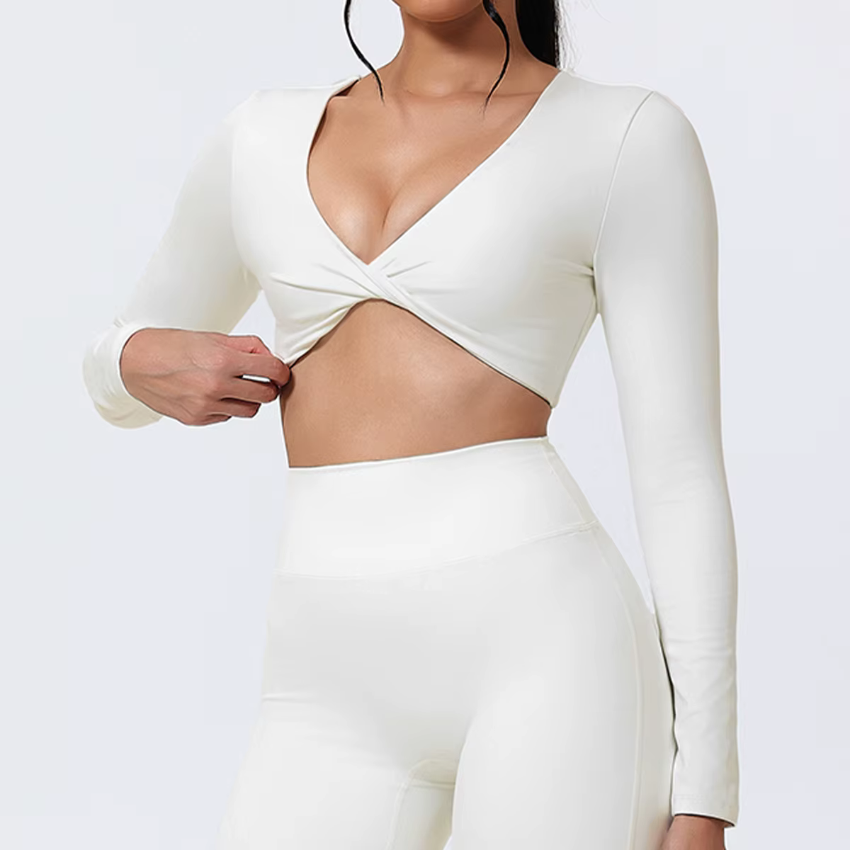 T-Shirt de Fitness à manches longues et col en v profond pour femmes