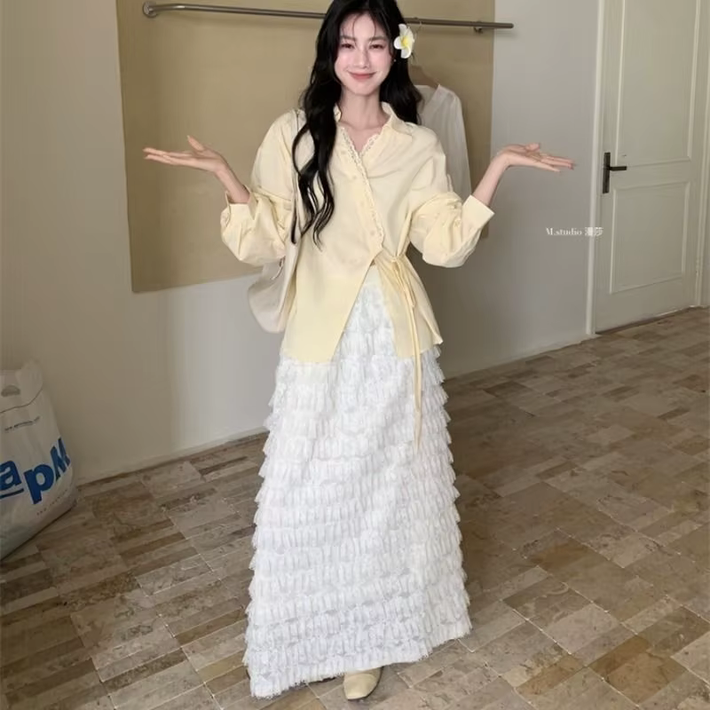 Chemises à manches longues en mousseline de soie pour femmes, à volants, surdimensionnées, boutonnées, Style Preppy, jeune, douce, Sexy, vêtements quotidiens de rue, tendance
