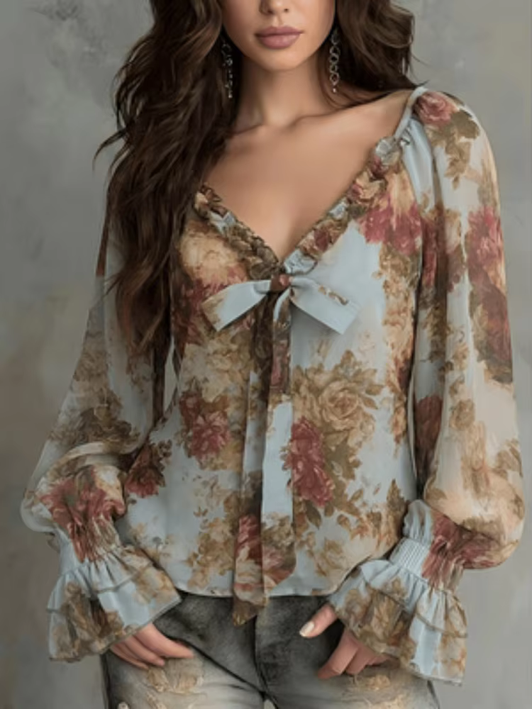 Chemise à imprimé floral vintage pour femmes