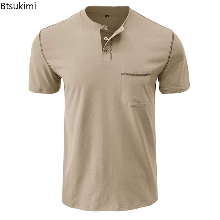 Nouveau Polo de Golf Homme à Col Henry Manches Courtes – T-shirt Décontracté d'Été Respirant avec Poche