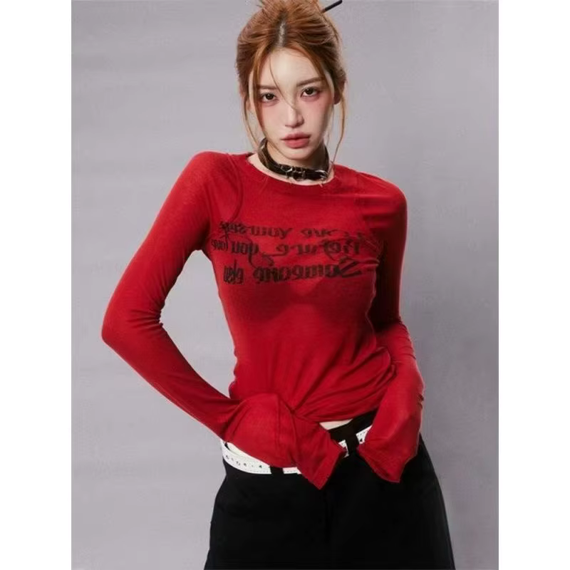 Grunge esthétique lettre impression T-shirt Trashy 2000s Style à manches longues rouge