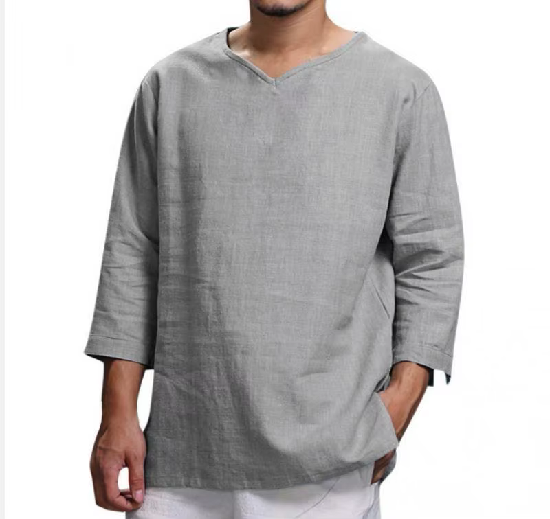 Hommes col en V coton lin t-shirts mâle respirant couleur unie trois quarts décontracté ample pull
