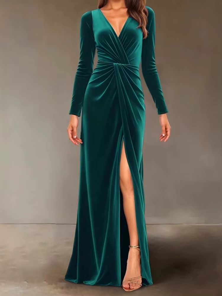 Robe de soirée en velours pour femmes, col en v, Slim, torsadé, taille haute, Sexy, couleur unie, plissée, robes trapèze, nouvelle collection automne hiver 2025