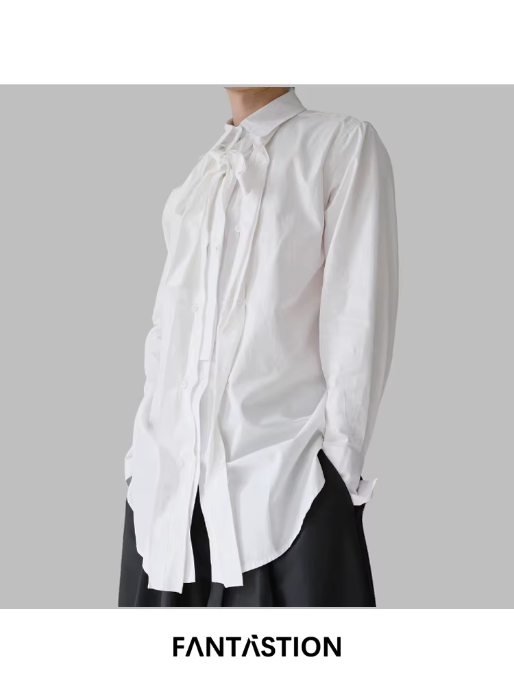 FANTASTION chemise de smoking d'inspiration vintage avec ruban plissé détail chemisier surdimensionné à manches longues coupe ample pour un décontracté chic