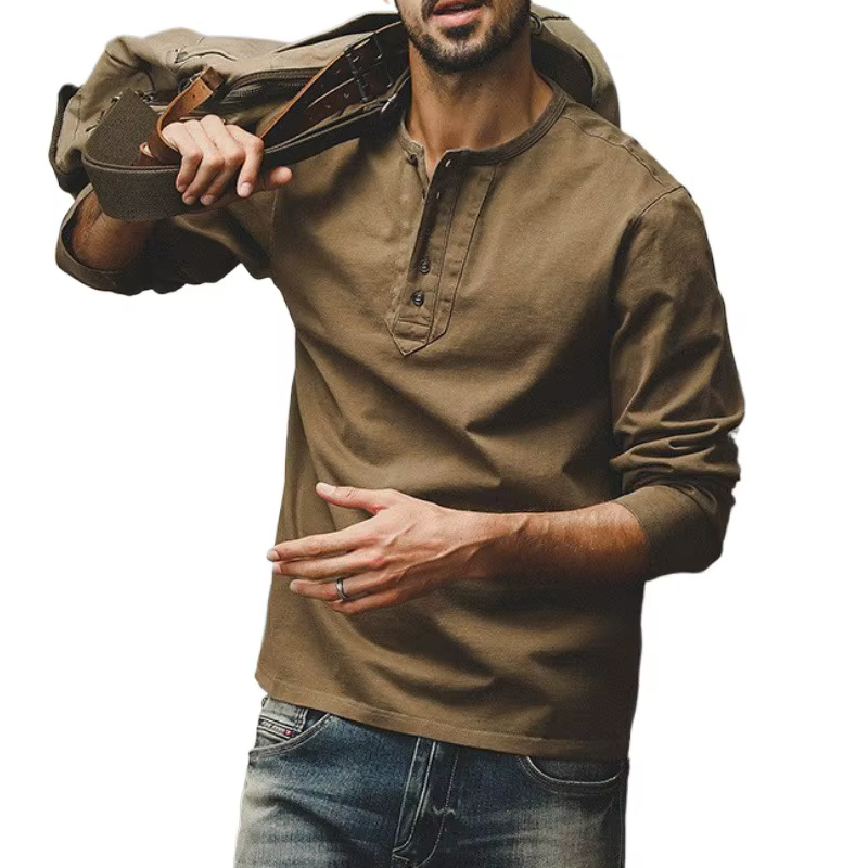 Nouveauté américain rétro col Henry T-Shirt à manches longues hommes ample décontracté haut tendance respirant coton couleur Pure