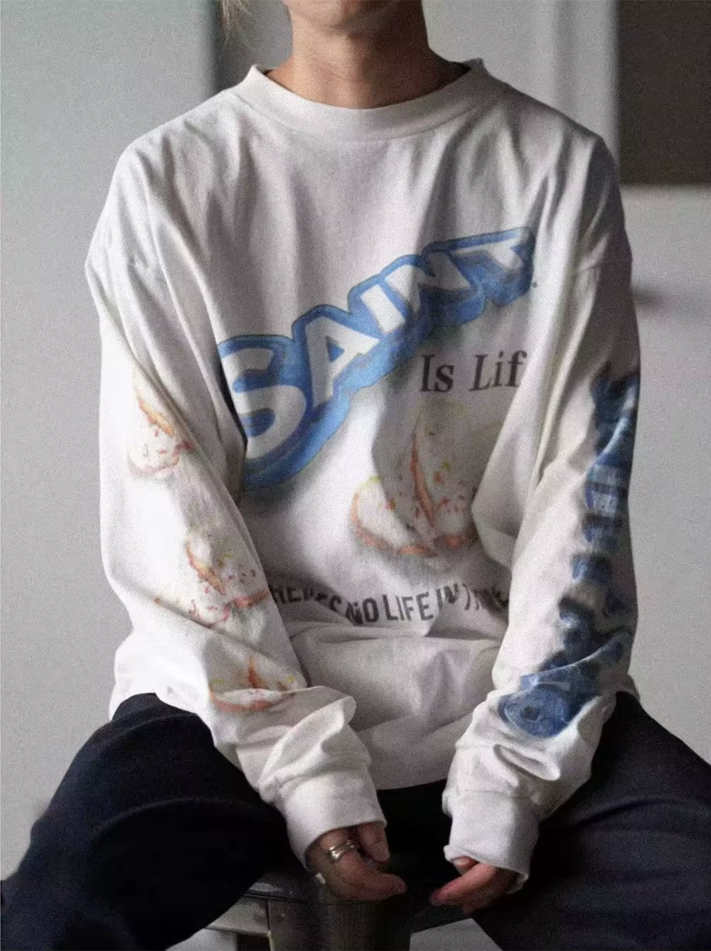 Yao mode SAINT OF MICHAEL Y2k rétro Vintage drôle graphiques imprimer à manches longues hauts hommes vêtements ample