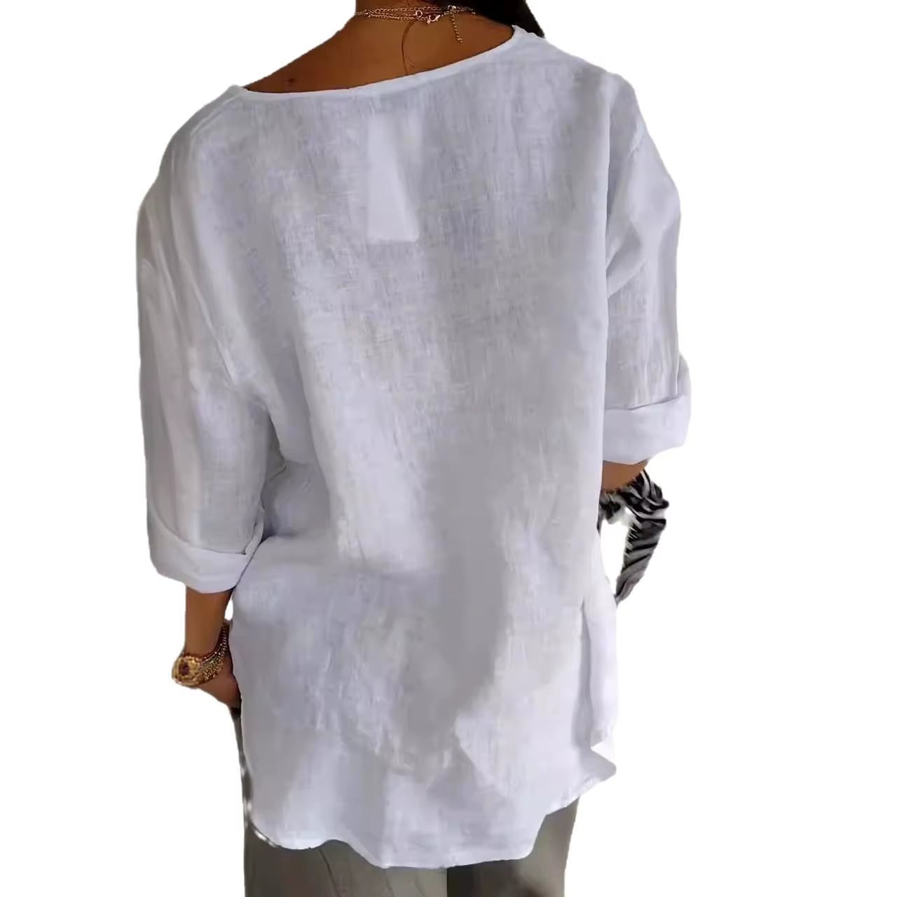 Blouse décontractée pour femme 2026 – Nouveau T-shirt ample d'été en coton et lin à col en V avec boutons – Vêtements féminins