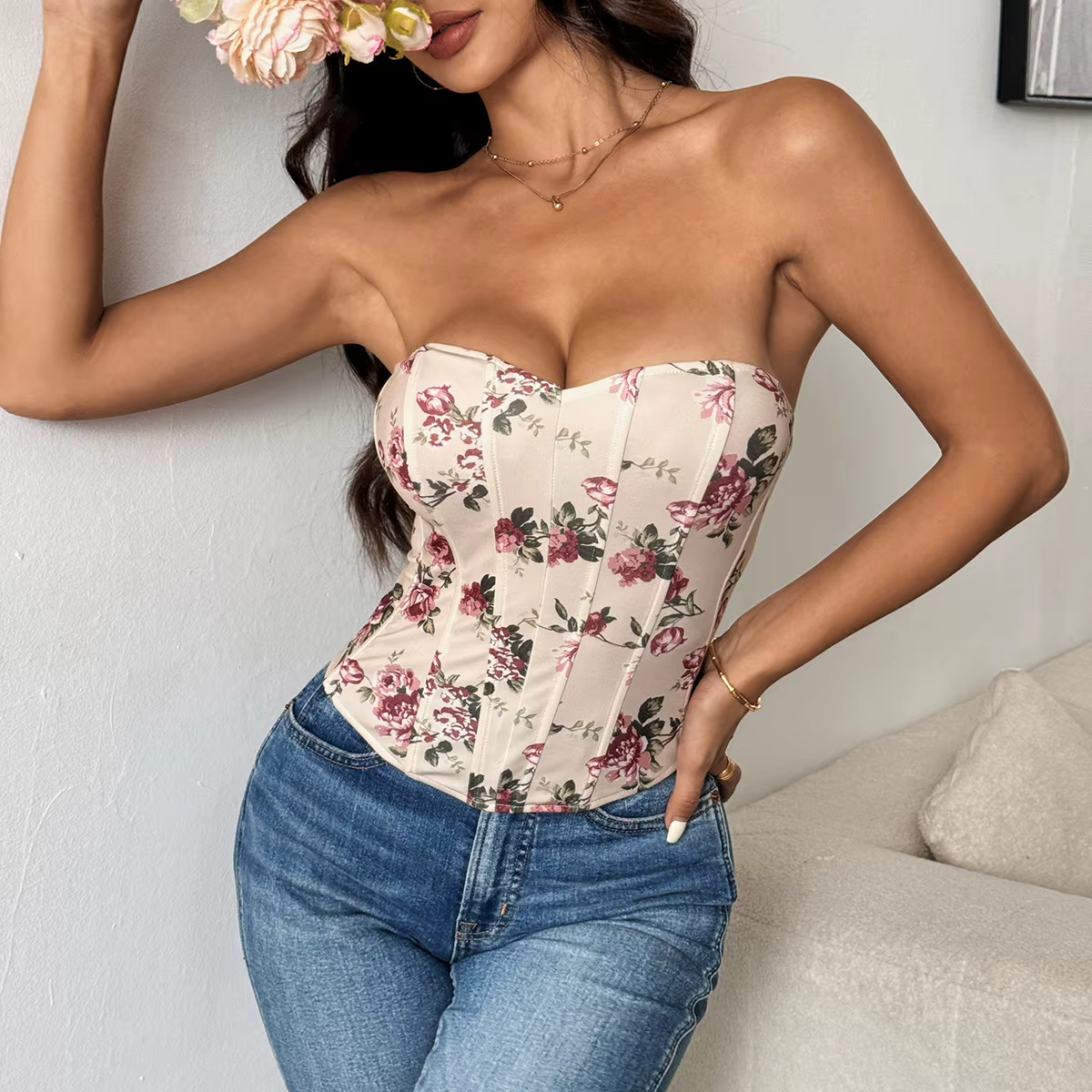 2025 Sexy Hors Épaule Spicy Girl Débardeur Coupe Basse Dos Ouvert Fleur Imprimé Corsets Camis High Street Fishbone Bustier Crop Tops