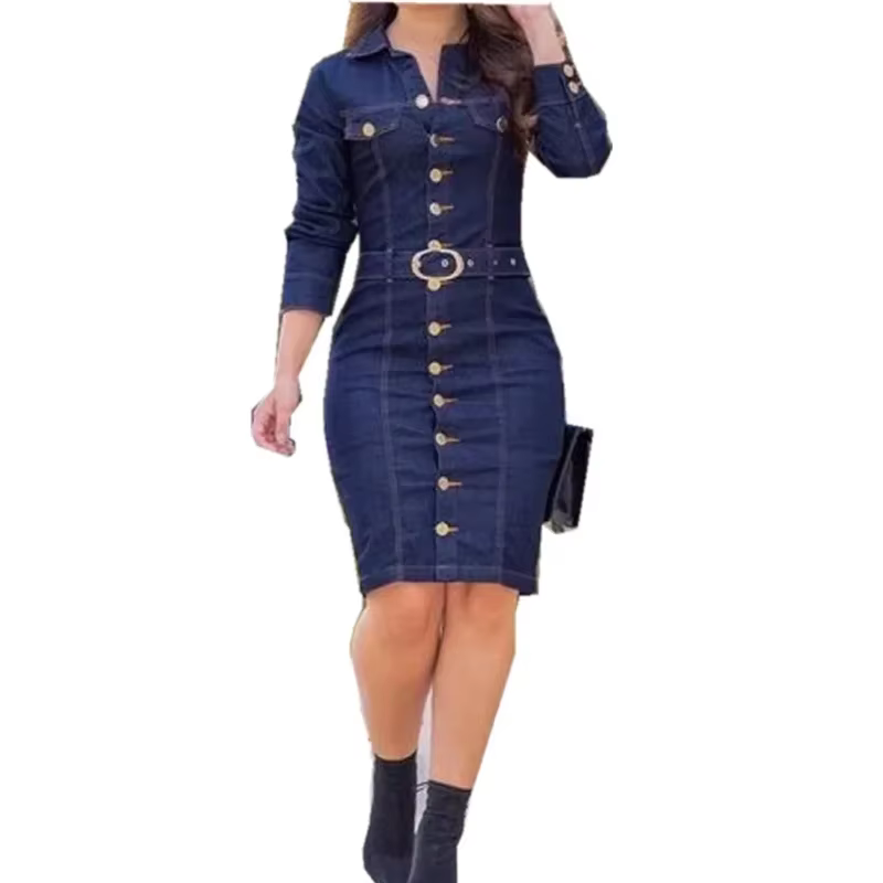 Nouvelle robe en jean femmes revers coupe ajustée élégante robes crayon à manches longues taille haute simple boutonnage jean robes Largos Mujer