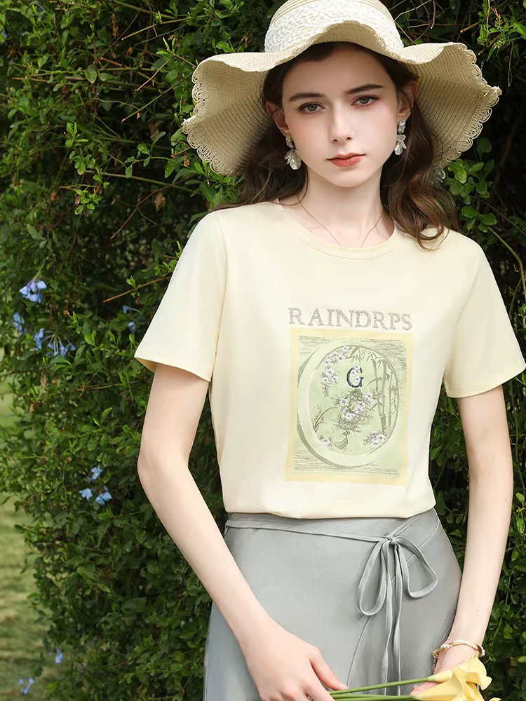I BELIEVE YOU T-shirt à broderie florale jaune clair pour femme