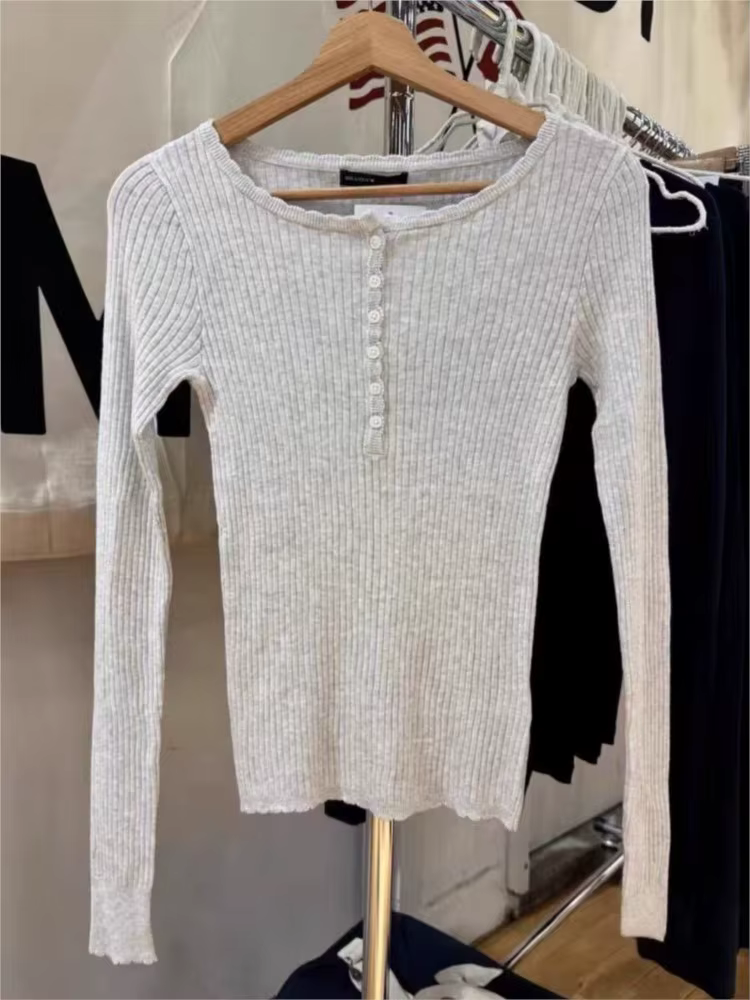 Gris dentelle garniture col à manches longues T-shirts femmes automne torsion tricoté mince nouveau bouton coton