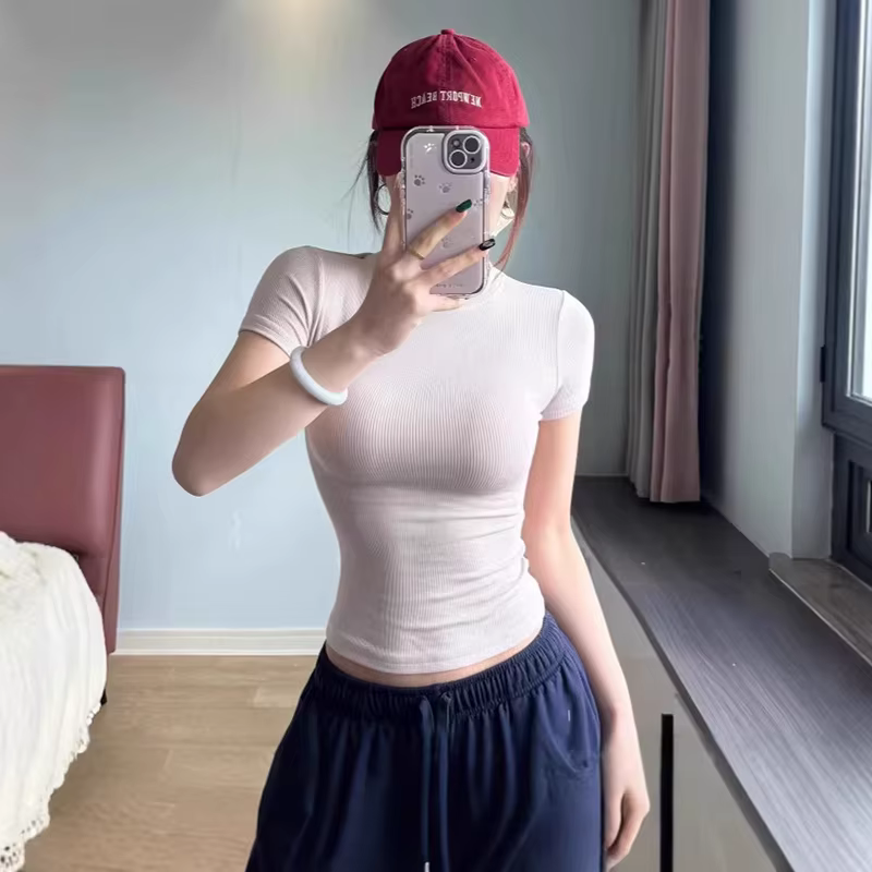 Tops courts d'été à col rond et très élastiques pour femmes, hauts à manches courtes, blouses sexy à enfiler, t-shirts slim