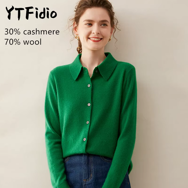 YTFidio cachemire laine mérinos pull femmes col POL à manches longues haut de luxe vêtements de créateur femme Cardigans 114