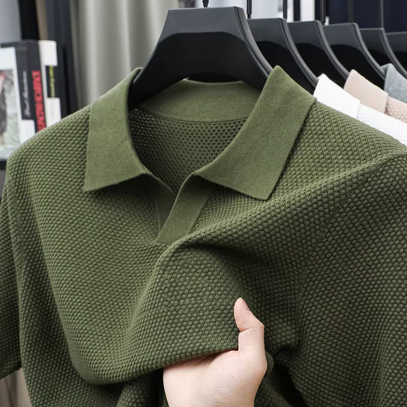 Polo en coton tricoté 100 % pour homme – Col en V à manches courtes