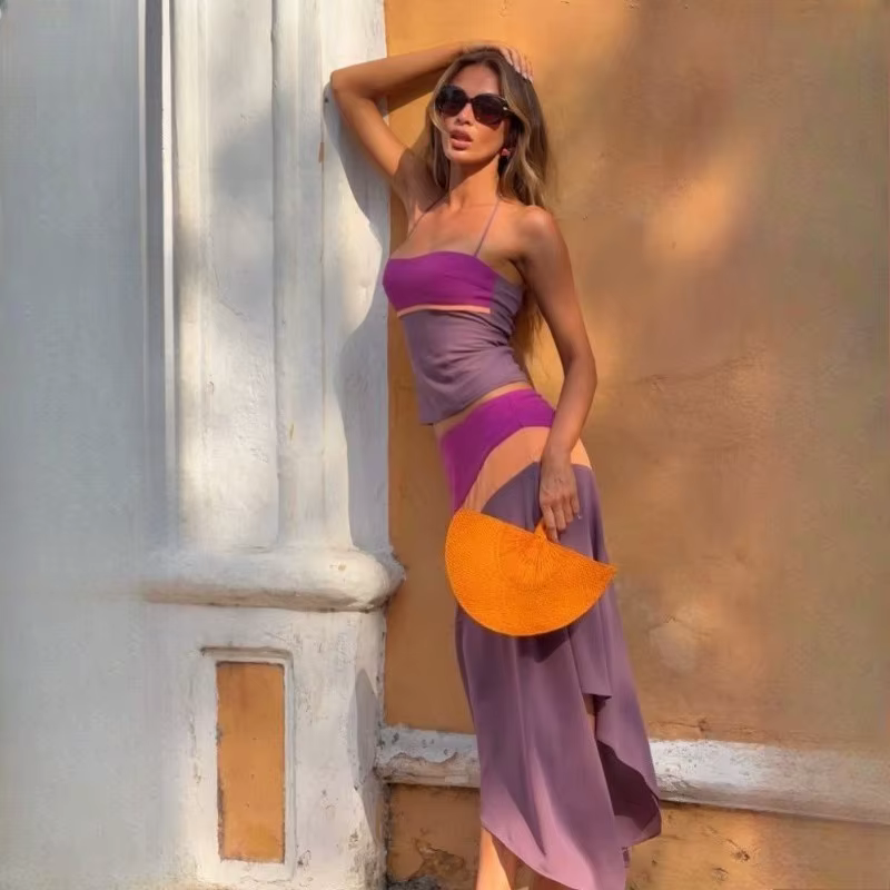 Ensemble deux pièces style bohème : Haut camisole patchwork color-block unique et jupe moulante asymétrique