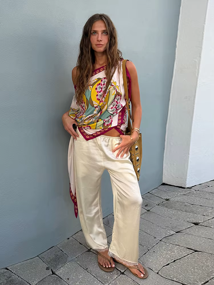 Nouveau débardeur asymétrique imprimé à une épaule avec lien pour femme, coupe ample et irrégulière, idéal pour la fête ou la plage