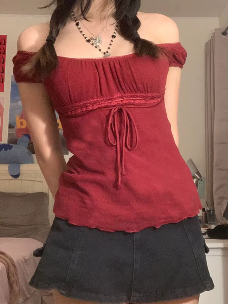 T-shirt en dentelle douce esthétique des années 2000 pour femmes