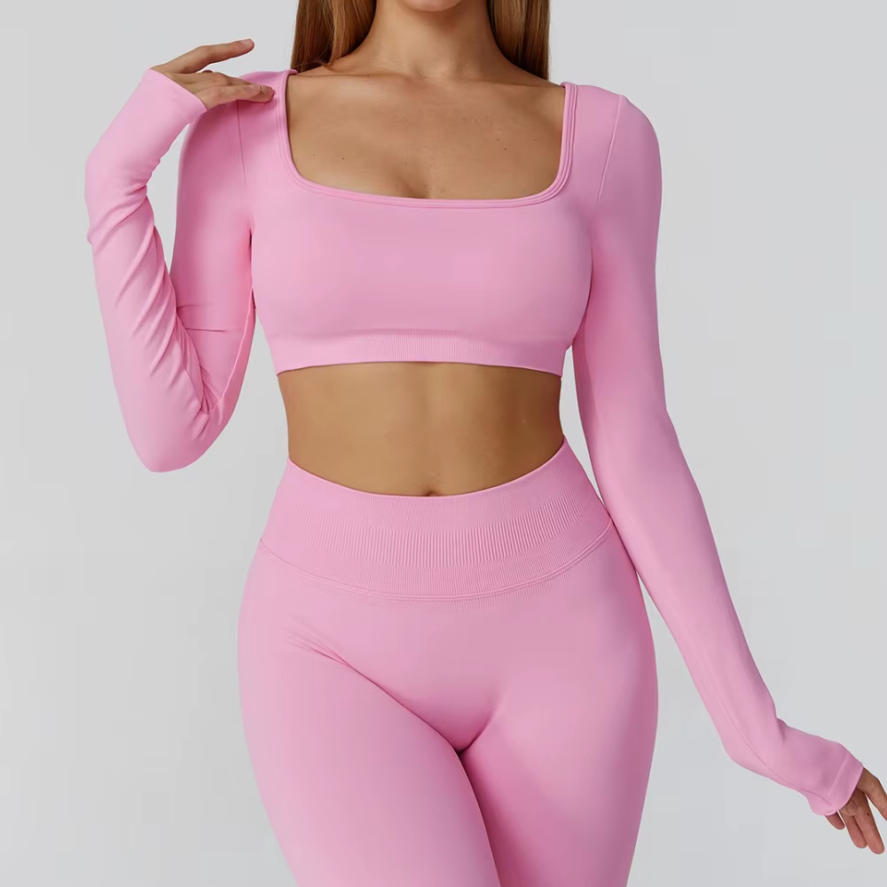 Nouveau dos Sexy évider à manches longues chemises de Yoga col carré séchage rapide hauts de course serré minceur gymnase Fitness T-Shirt avec coussinets