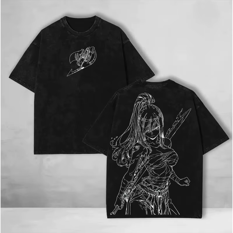 Anime chaud fée queue vêtements hommes femmes à manches courtes t-shirts lavé coton T-shirt rétro surdimensionné
