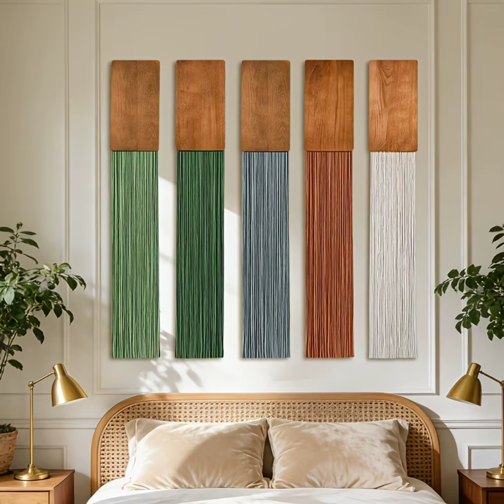Tapisserie murale en macramé à pompons avec dessus en bois