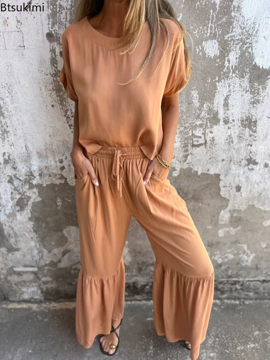 Nouveaux ensembles 2 pièces pour femmes : T-shirts amples à manches courtes et pantalons longs à volants