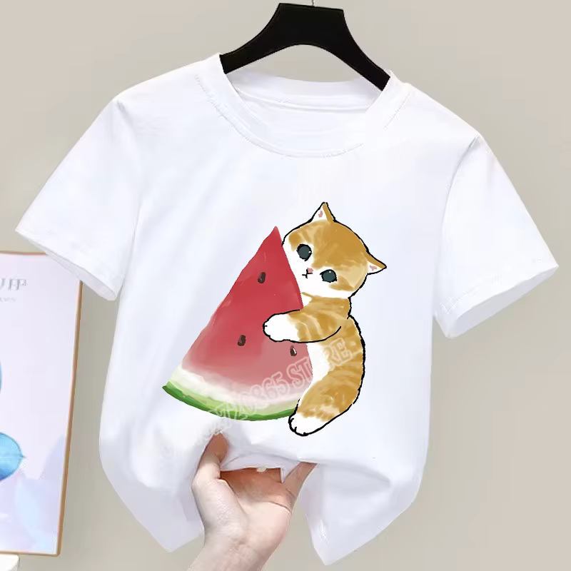 Mofusand T-Shirt Kawaii dessin animé imprimé vêtements Sport décontracté hauts basiques garçons filles coton absorbant blanc manches courtes enfants cadeau