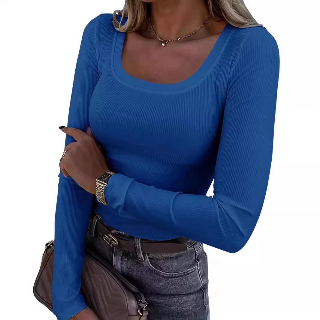 T-shirt à manches longues pour femmes, texture côtelée, coupe ajustée, col en U, décontracté