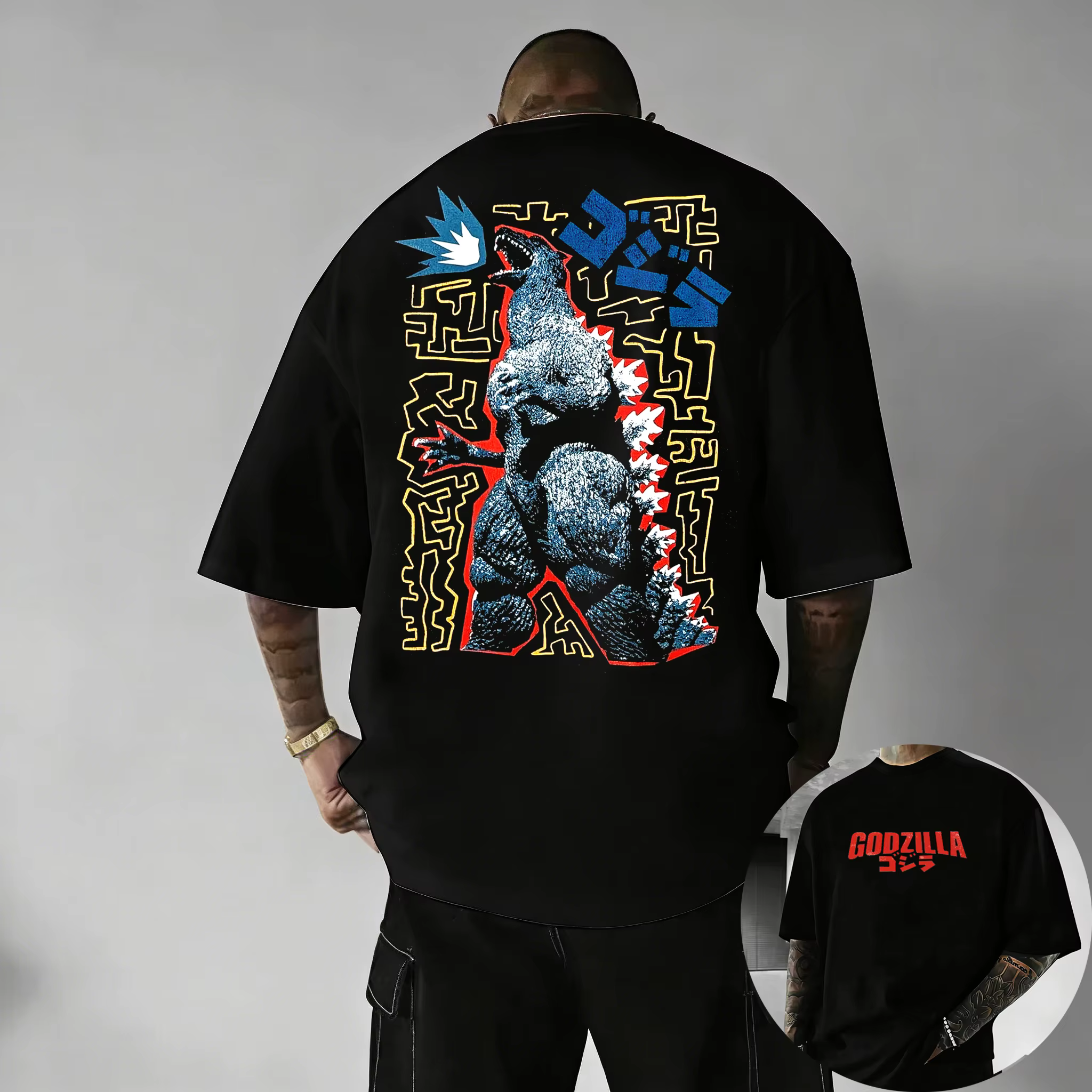 T-Shirt à manches courtes en coton imprimé Godzilla Vintage