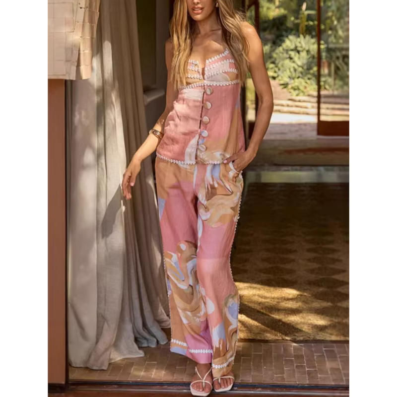 Femmes haut sans manches deux pièces ensembles assortis 2025 été imprimé Patchwork Chic tenue col en V mode Simple dame costume vêtements