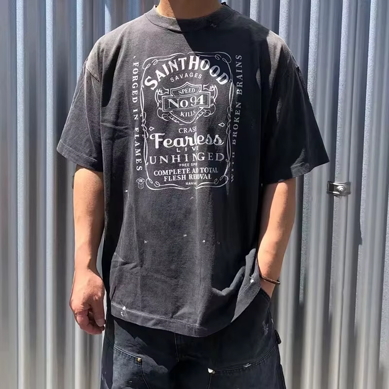 Vintage lavé noir Streetwear Saint capuche T-Shirt hommes femmes surdimensionné ange crâne amour imprimé Splash-encre