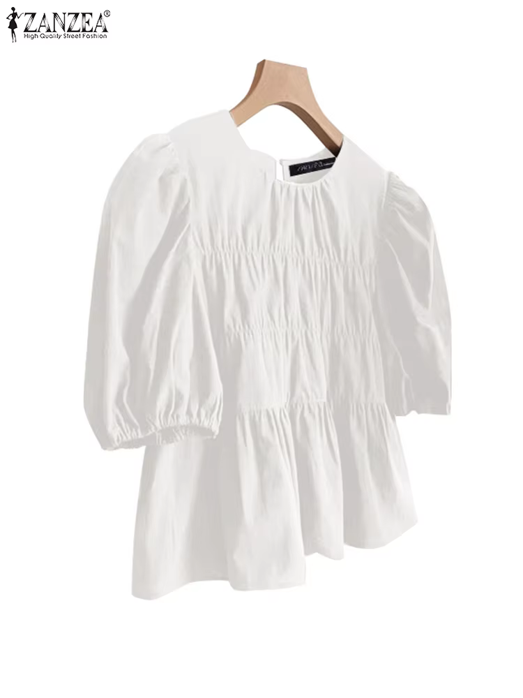 ZANZEA femmes chemisier à volants à manches courtes été hauts 2025 décontracté couleur unie tunique femme col rond plissé Blusas surdimensionné