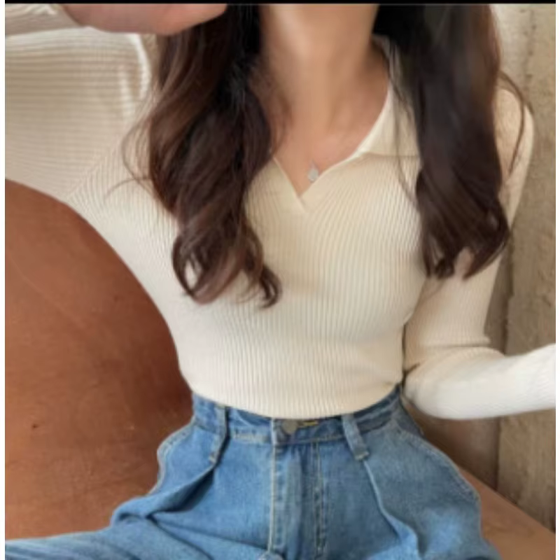 Tempérament polo revers pull à manches longues pour les femmes automne hiver coupe ajustée intérieure pure luxure style haut col en v chemise de fond