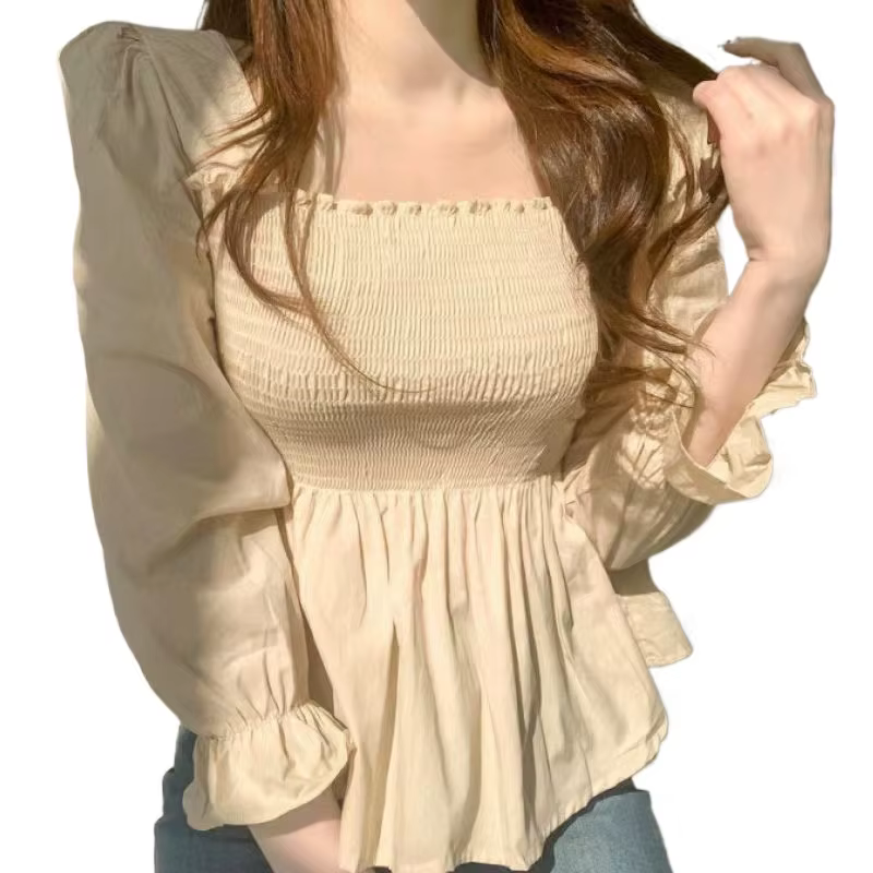 Élégant à manches longues plissé blanc femmes Blouse bureau dame mode doux col carré chemise nouveau décontracté élastique mince hauts 8023