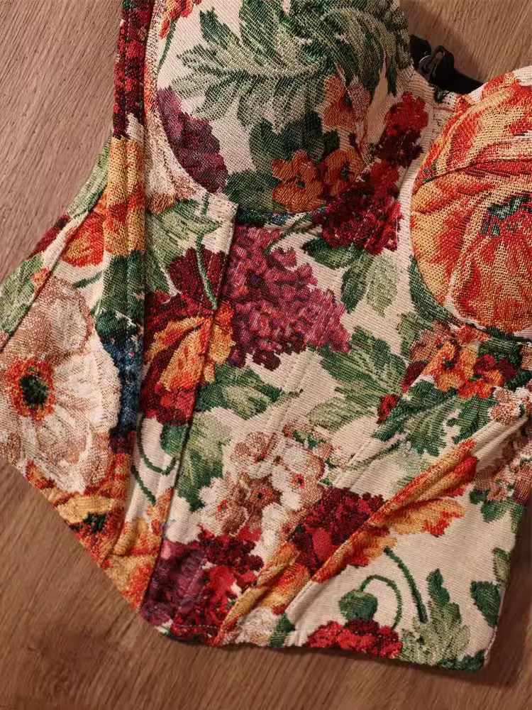 Style français Vintage élégant femmes vêtements Chic Design Floral coupe ajustée Camis mode femme haute rue rétro hauts Corset 2025