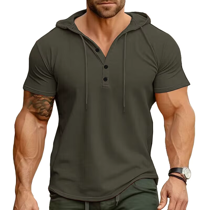 T-shirts à manches courtes pour hommes pour le sport et le fitness chemise Henley de style américain haut à capuche