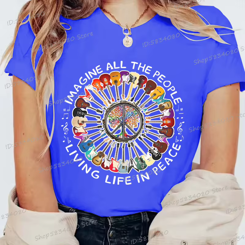 Imaginez toutes les gens vivre la vie dans la paix impression T-shirt femmes drôle guitare Beatles chanson lyrique