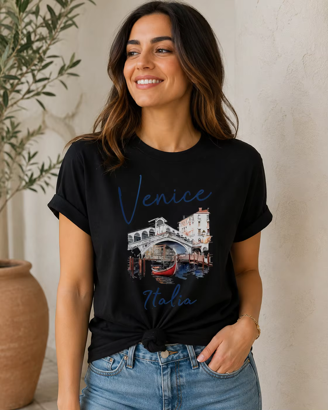 T-shirt Femme Col Rond Imprimé Lettres Vénitiennes Italiennes Manches Courtes Décontracté Tendance – Meilleure Vente