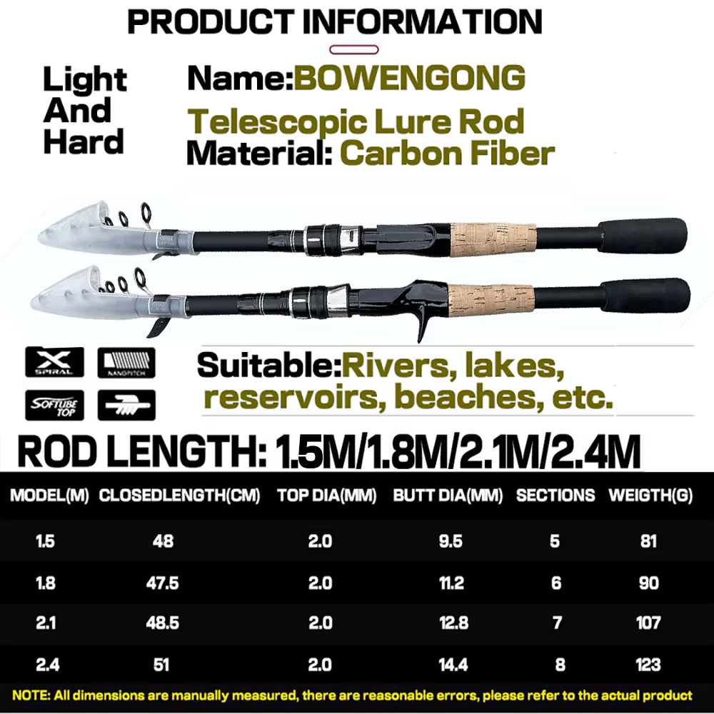 Canne à leurre télescopique 1.5M 1.8M 2.1M 2.4M canne à pêche Spinning en carbone canne à pêche Baitcasting 8g-25g manche en bois matériel de pêche coulée