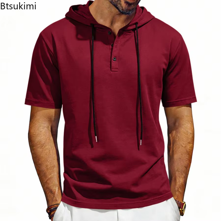 T-shirt à capuche confortable à manches courtes pour homme 2026 – Col Henley