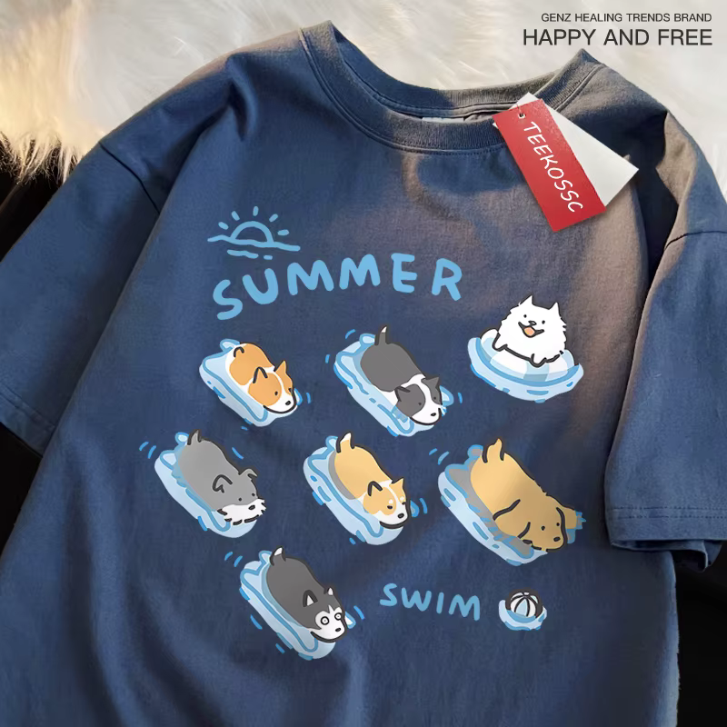 T-shirt de style japonais amusant pour la natation, chat et chien, t-shirts d'été décontractés pour femmes, t-shirt en coton respirant à la mode