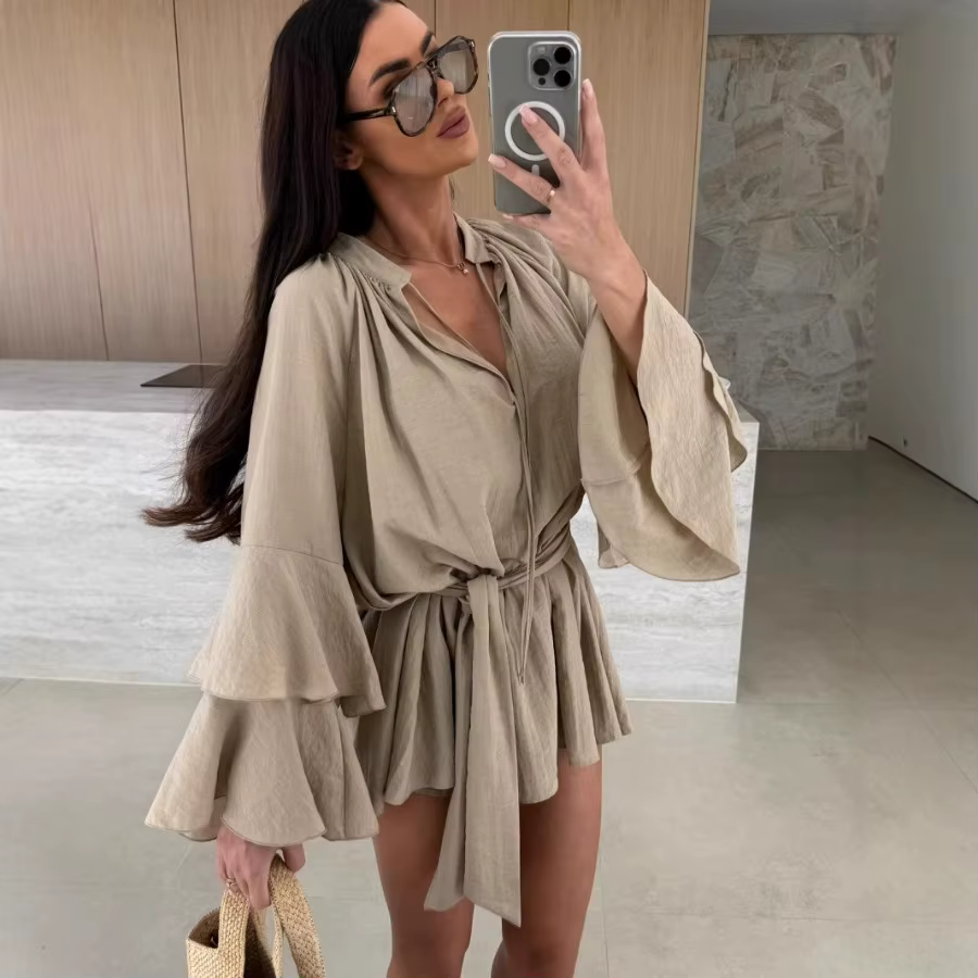 Nouvelle Collection 2026 : Robe Mini Ample et Élégante pour Femme, Col en V Profond, Manches Longues, Couleur Unie, Effet Plissé