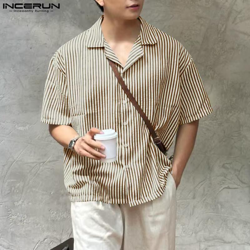 Chemise à rayures mode été hauts à manches courtes INCERUN hommes chemises décontracté Streetwear revers surdimensionné