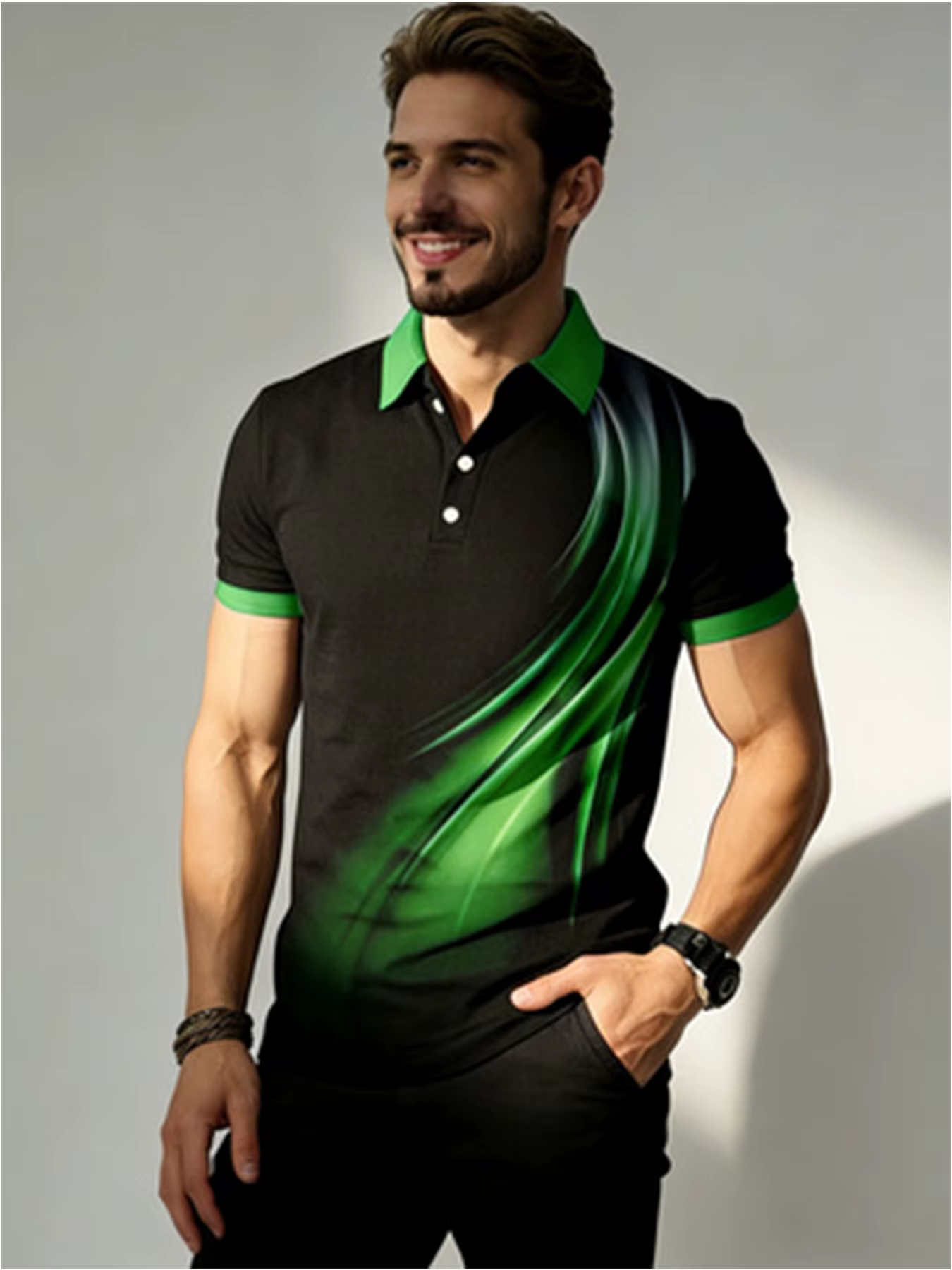 Polo à manches courtes contrastant avec imprimé abstrait, col vert, pour homme, idéal pour le golf et les sports d'été