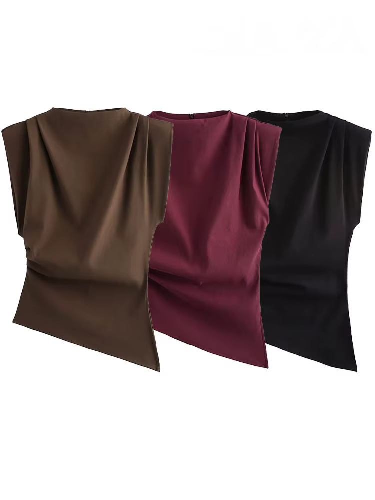 HH femme été décontracté asymétrique hauts 3 couleurs solide col rond sans manches dos fermeture éclair