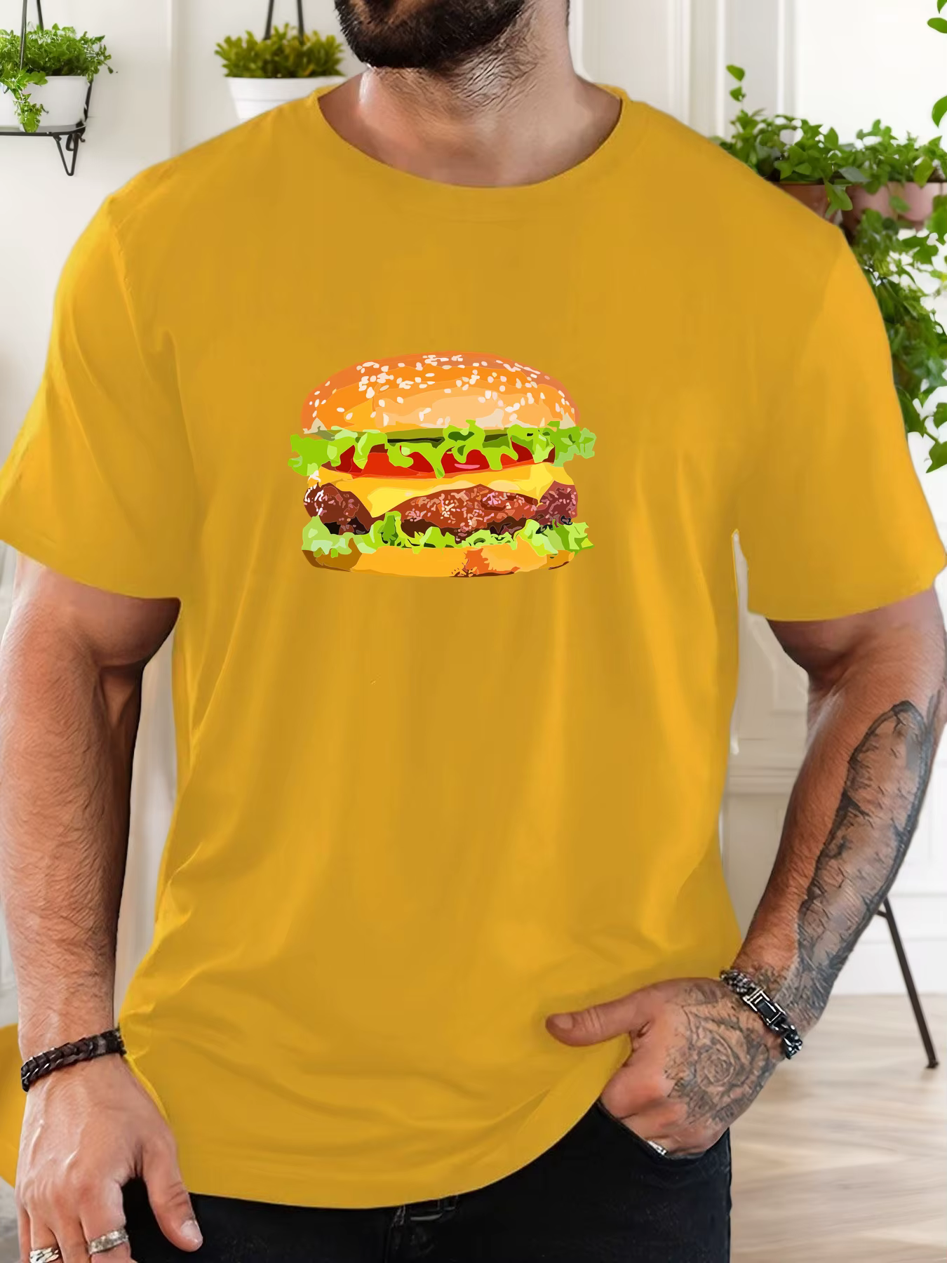 T-shirt court d'été décontracté à col rond pour hommes à motif hamburger