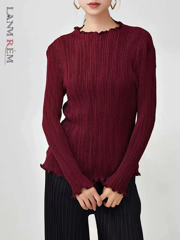 LANMREM T-shirt plissé pour femmes col à volants manches longues couleur unie Style mince femme haut 2025 printemps nouveau 2DB1078