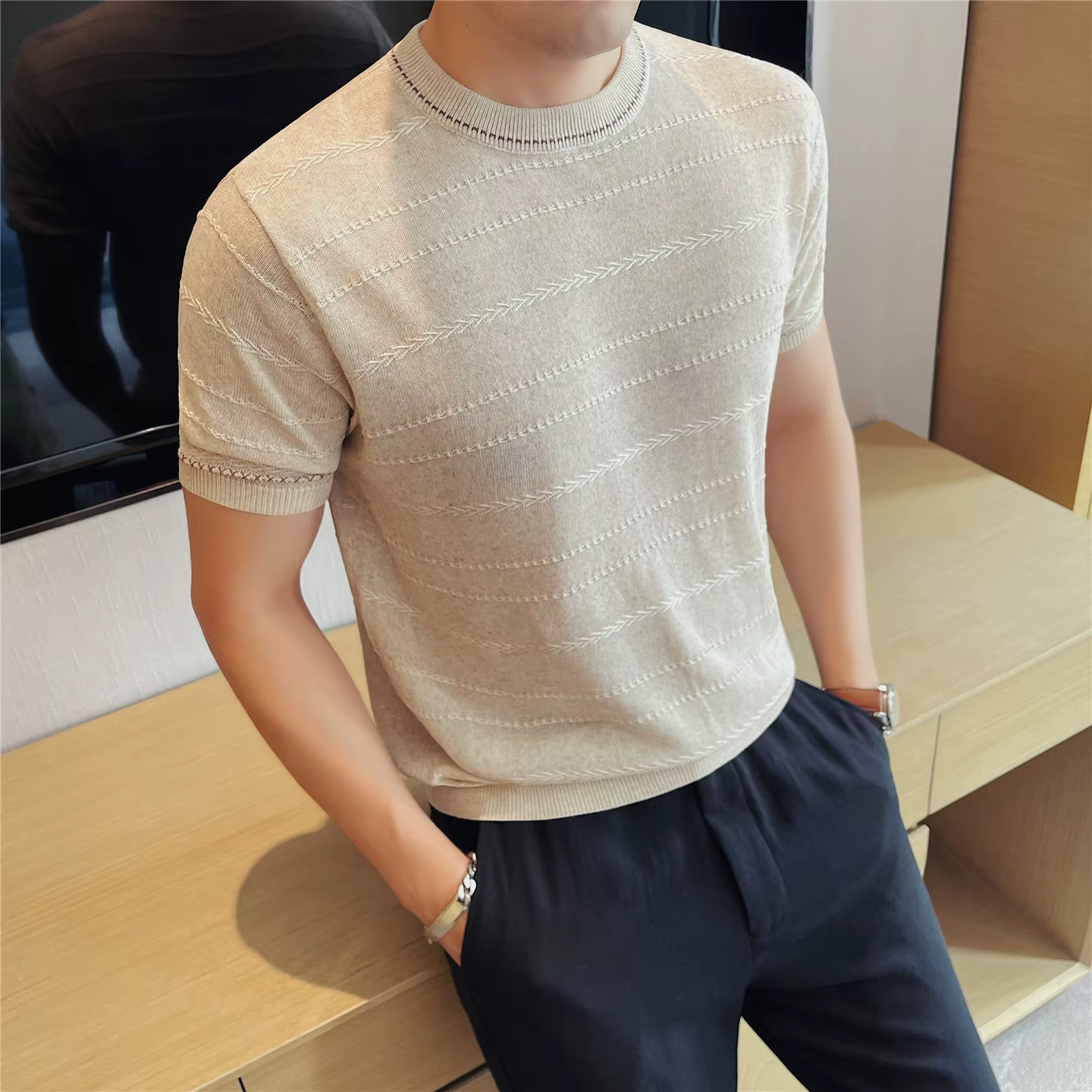 T-shirt en maille mélangée lin bicolore pour homme
